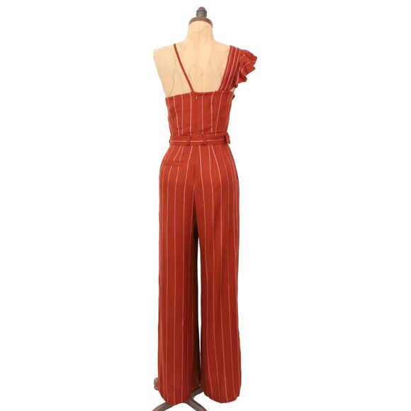 THREE FLOOR Margaux Jumpsuit XS Burnt Orange Striped Ruffle Shoulder Wide Leg B2 - Picture 4 of 7